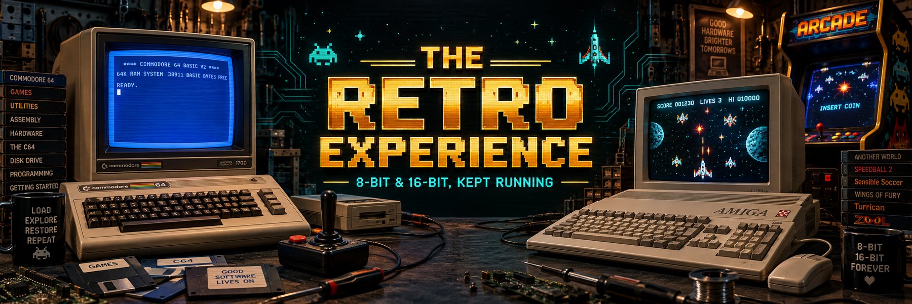 The Retro Experience: a Commodore 64 showing the BASIC V2 READY prompt beside an Amiga running a shoot-em-up, with floppies, a joystick and an arcade cabinet.