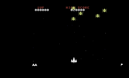 Spider Shooter running on a Commodore 64: the player fighter firing on a formation of spider enemies, score and stage flags on screen.