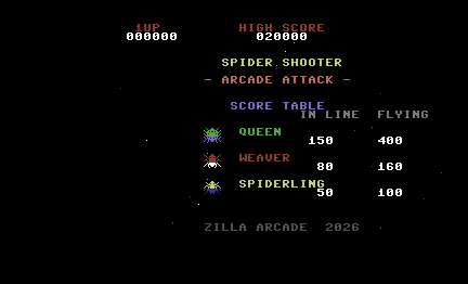 The Spider Shooter attract screen cycling: title, score table listing Queen, Weaver and Spiderling values, and PRESS FIRE.